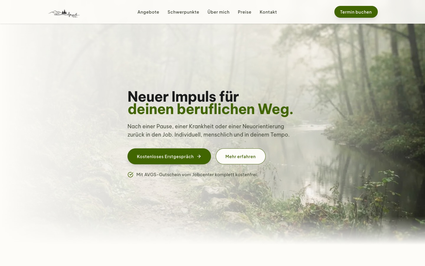 Startseite von Impuls Erz mit nebligem Wald.